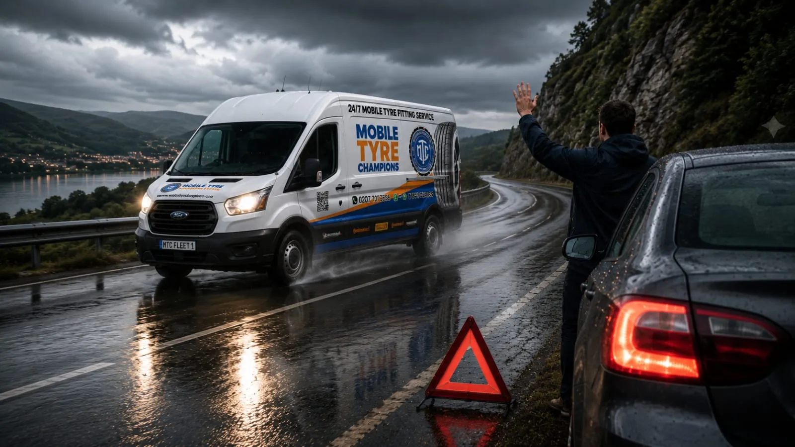 Mobile Tyre Champions 24/7 mobile tyre fitting van arriving to assist a stranded driver with a roadside flat tyre in wet weather