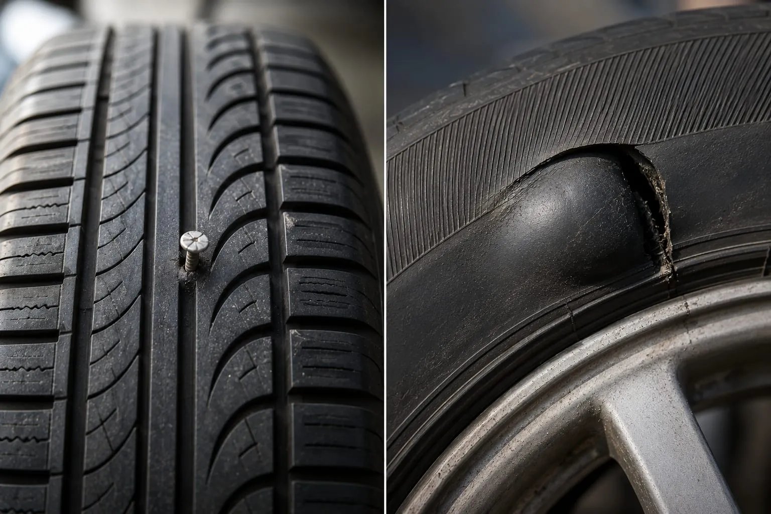 Comparison showing a repairable nail puncture in tyre centre tread versus dangerous unrepairable sidewall bulging damage