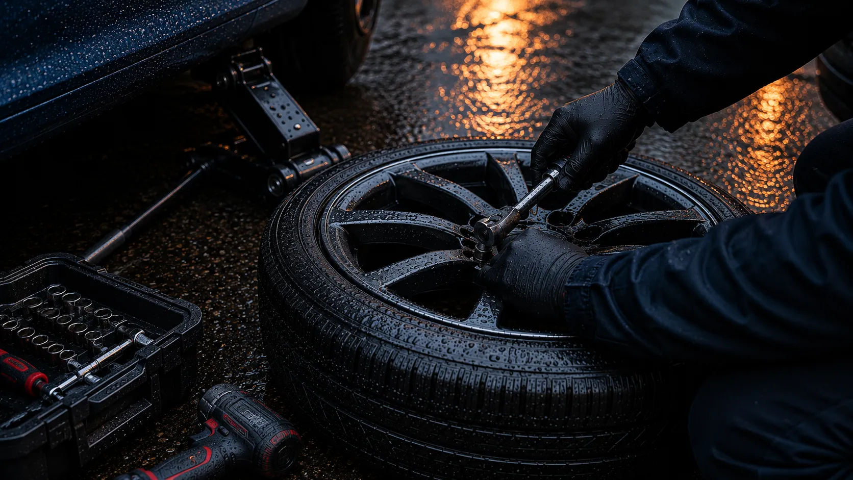 Mobile tyre technician using a torque wrench to change a worn car tyre at the roadside in wet conditions